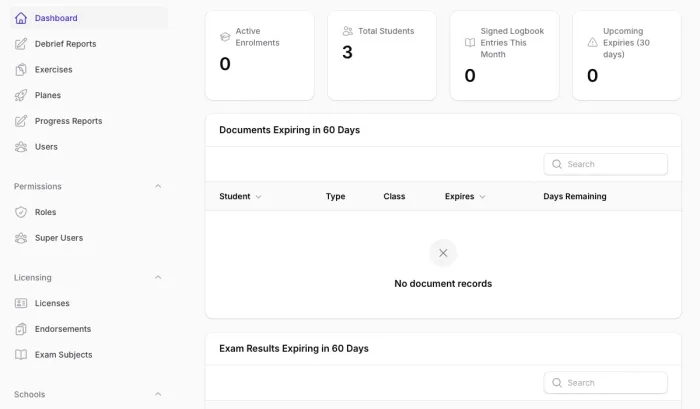 ProFlight flight school dashboard screenshot