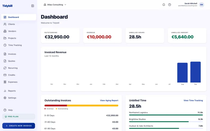 TidyBill invoicing dashboard screenshot